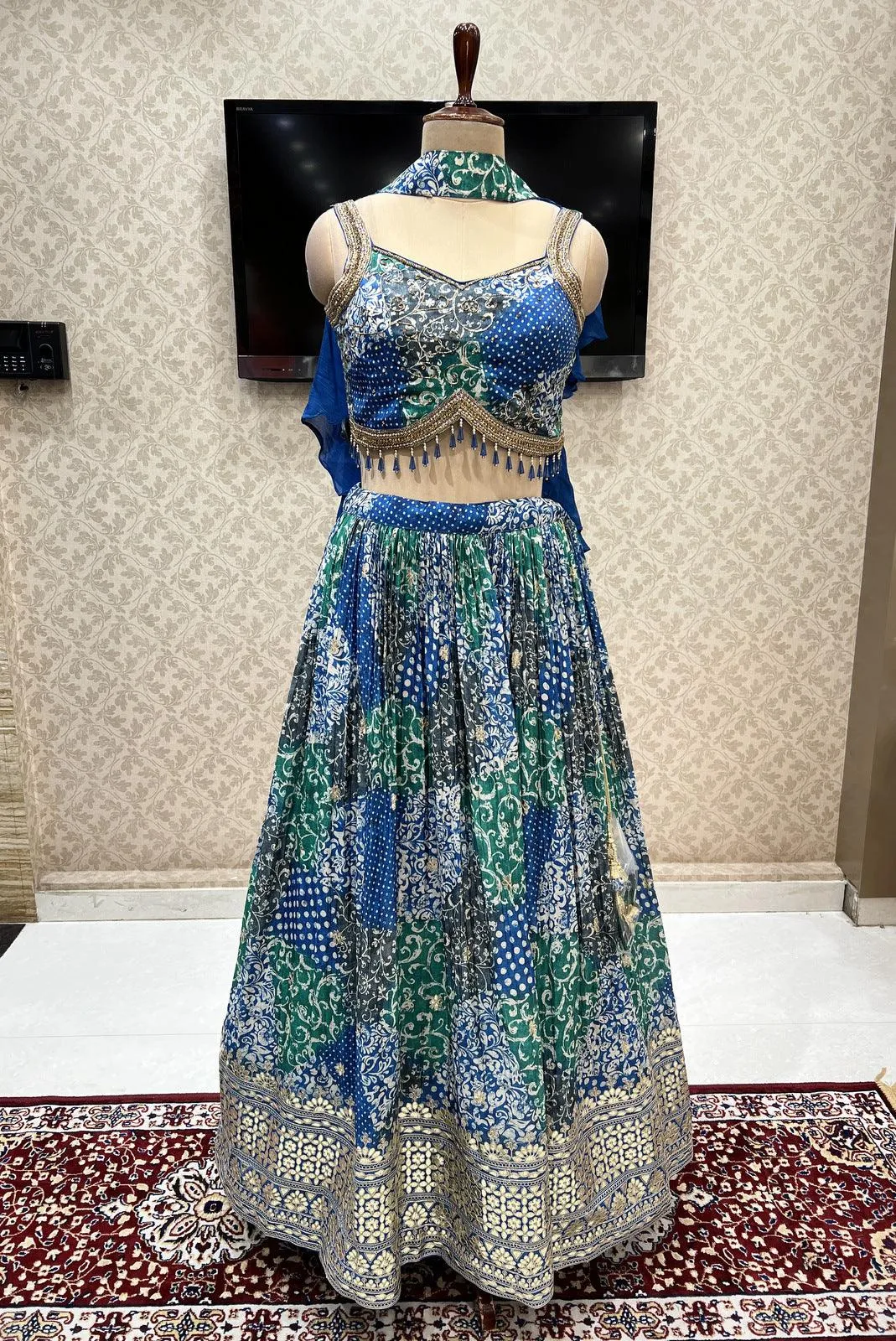 Blue with Green Digital Print and Gota Patti work Crop Top Lehenga