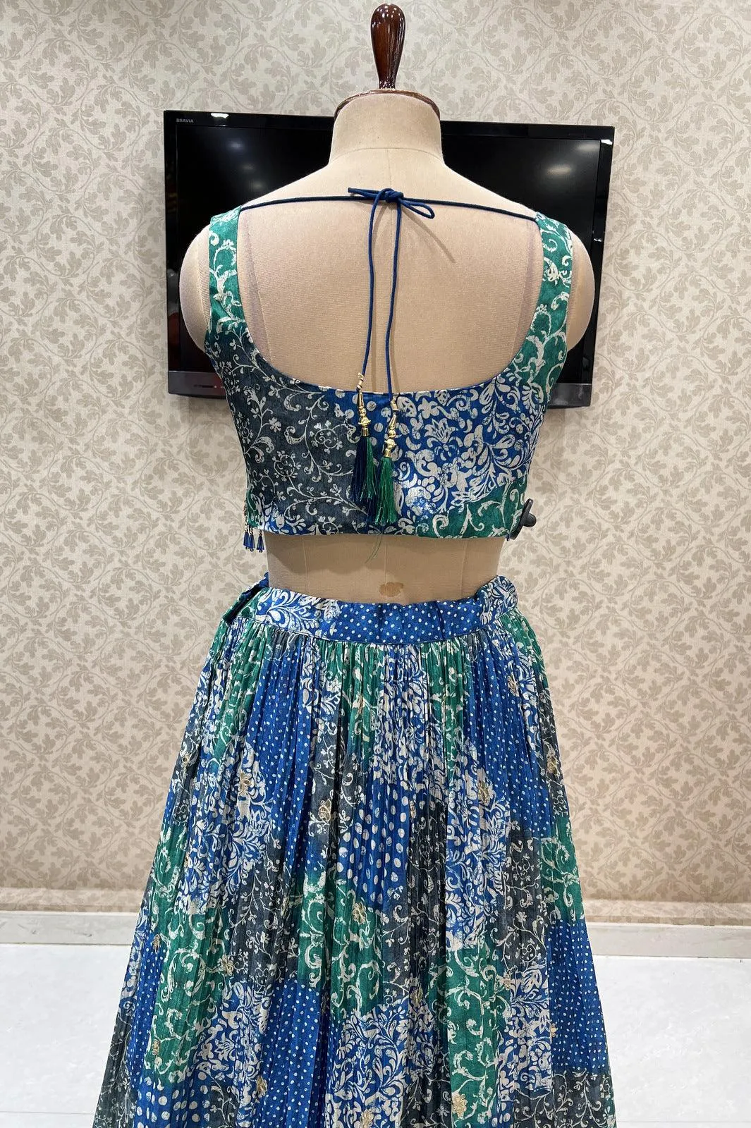 Blue with Green Digital Print and Gota Patti work Crop Top Lehenga