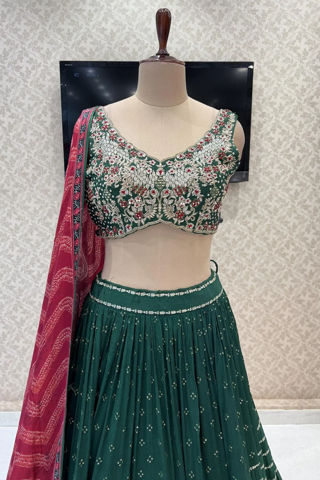 Bottle Green Stone, Zardozi, Thread, Sequins and Mirror work Crop Top Lehenga