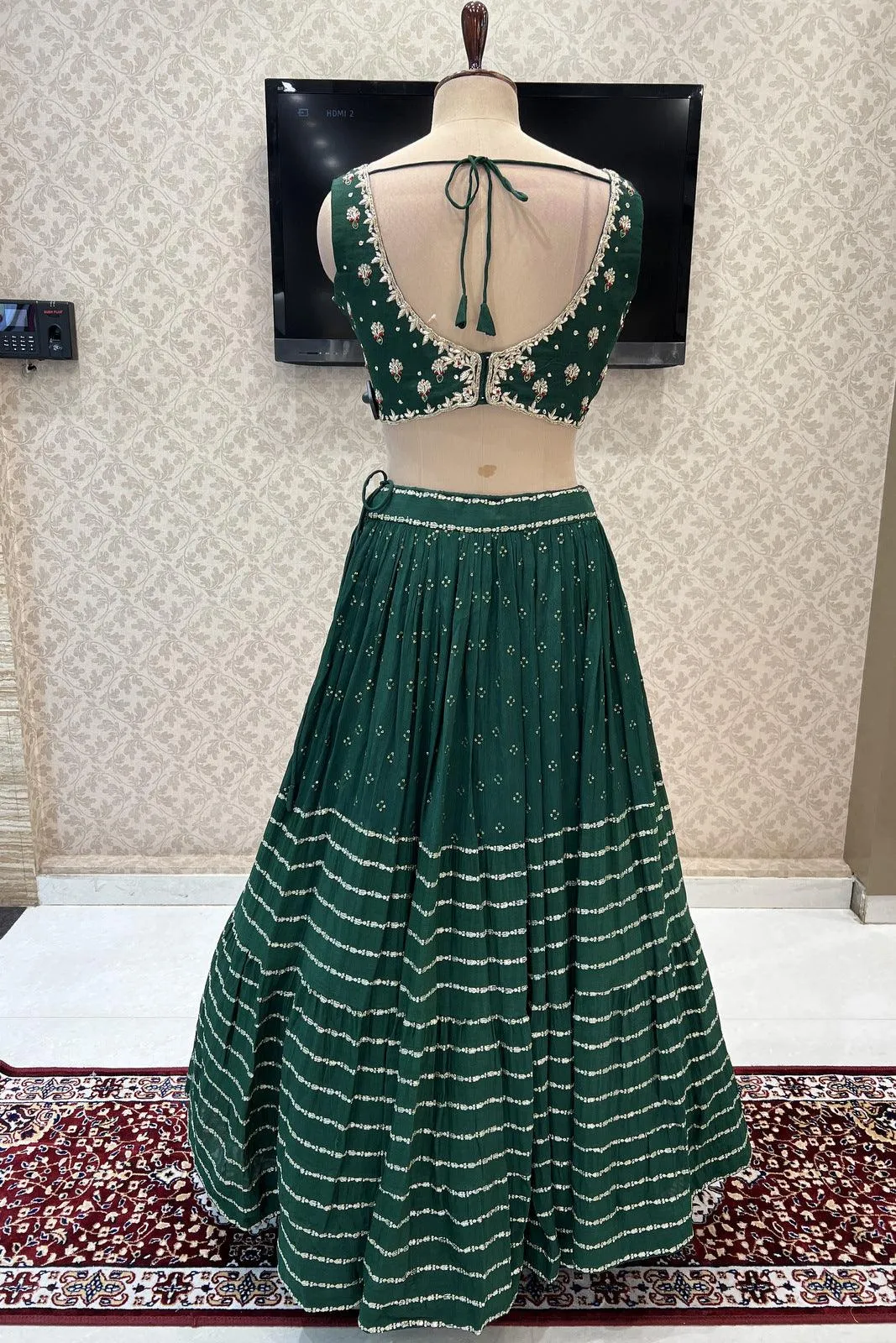 Bottle Green Stone, Zardozi, Thread, Sequins and Mirror work Crop Top Lehenga