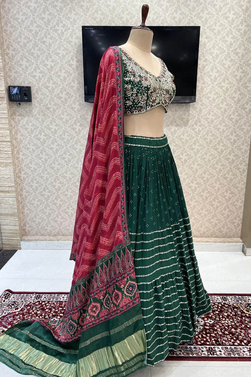 Bottle Green Stone, Zardozi, Thread, Sequins and Mirror work Crop Top Lehenga