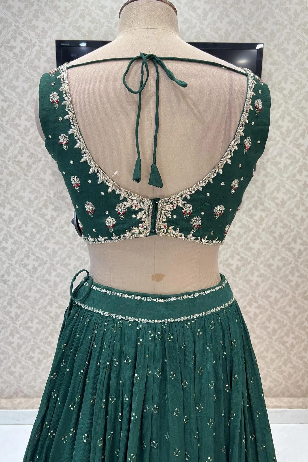 Bottle Green Stone, Zardozi, Thread, Sequins and Mirror work Crop Top Lehenga