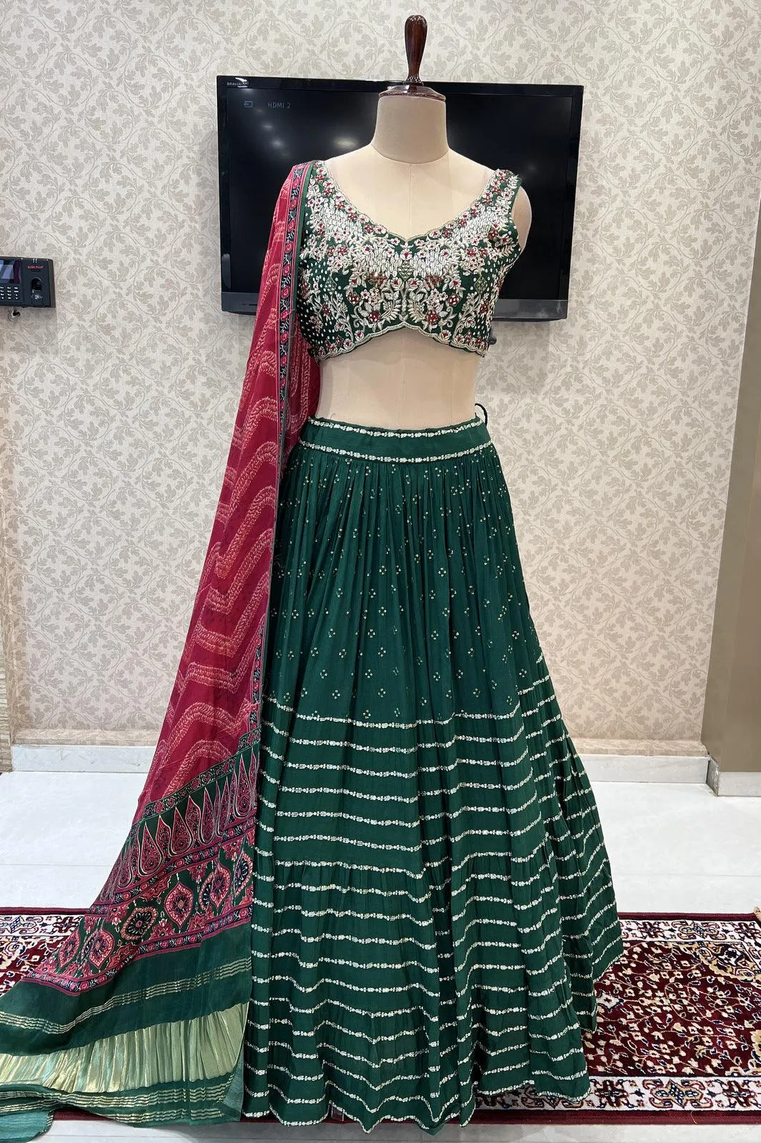 Bottle Green Stone, Zardozi, Thread, Sequins and Mirror work Crop Top Lehenga