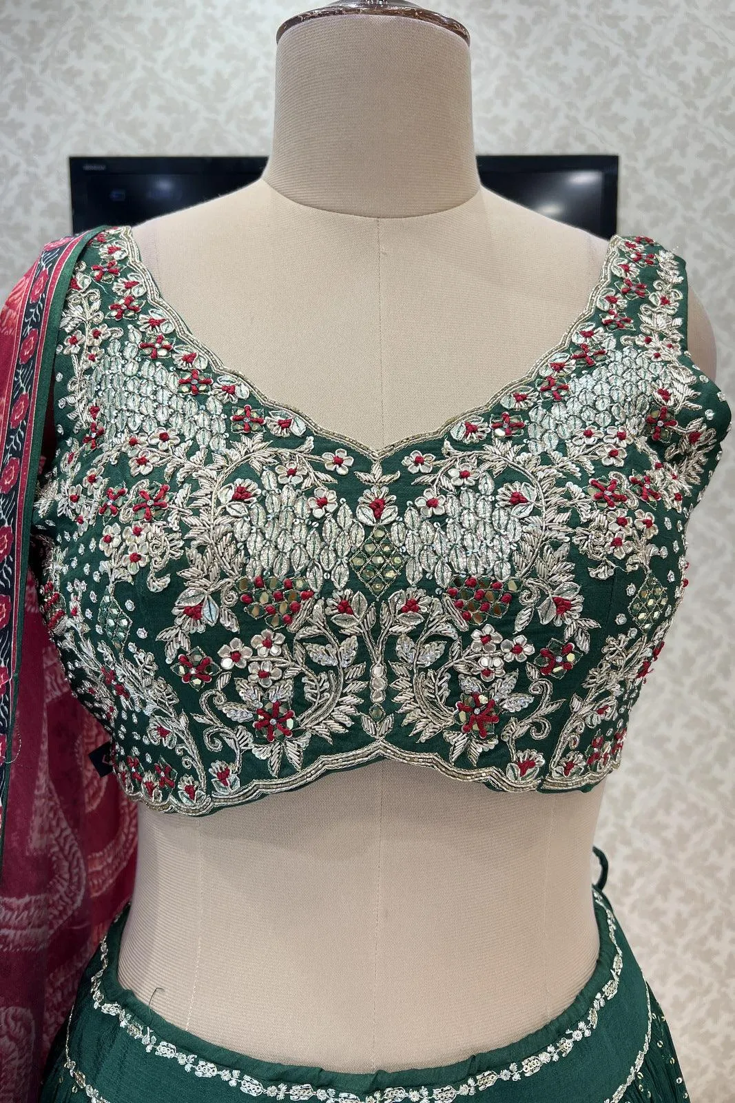 Bottle Green Stone, Zardozi, Thread, Sequins and Mirror work Crop Top Lehenga