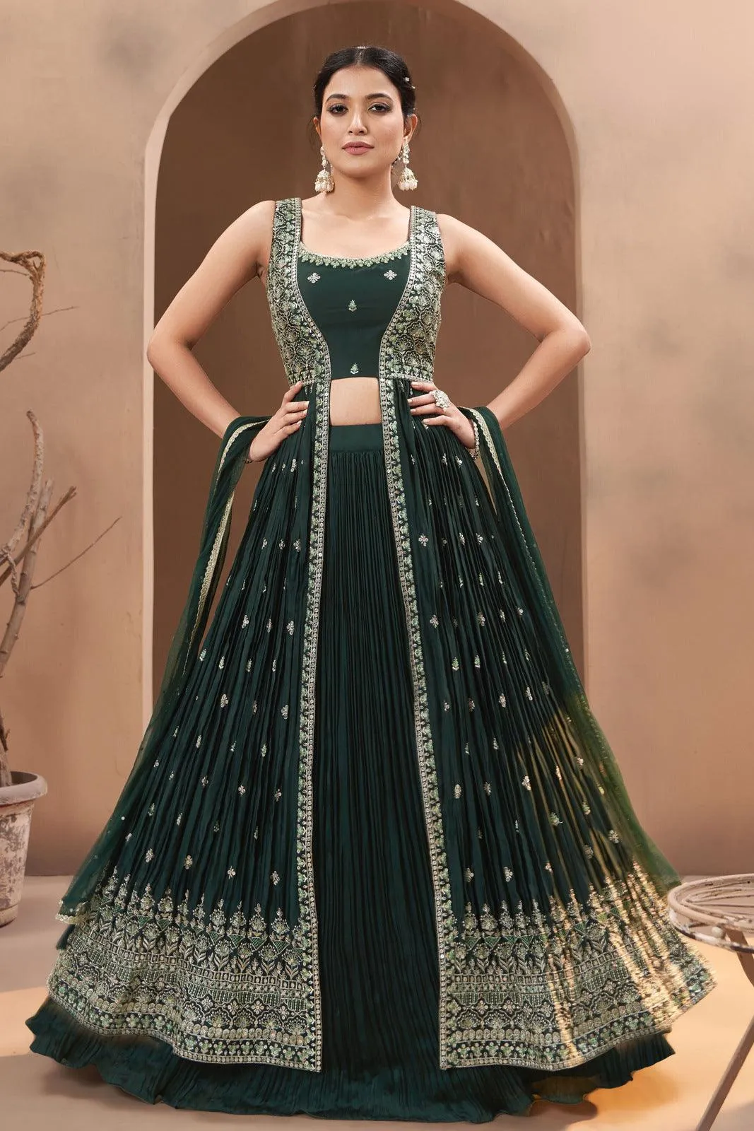 Bottle Green Zari, Thread and Sequins work Long Top Lehenga