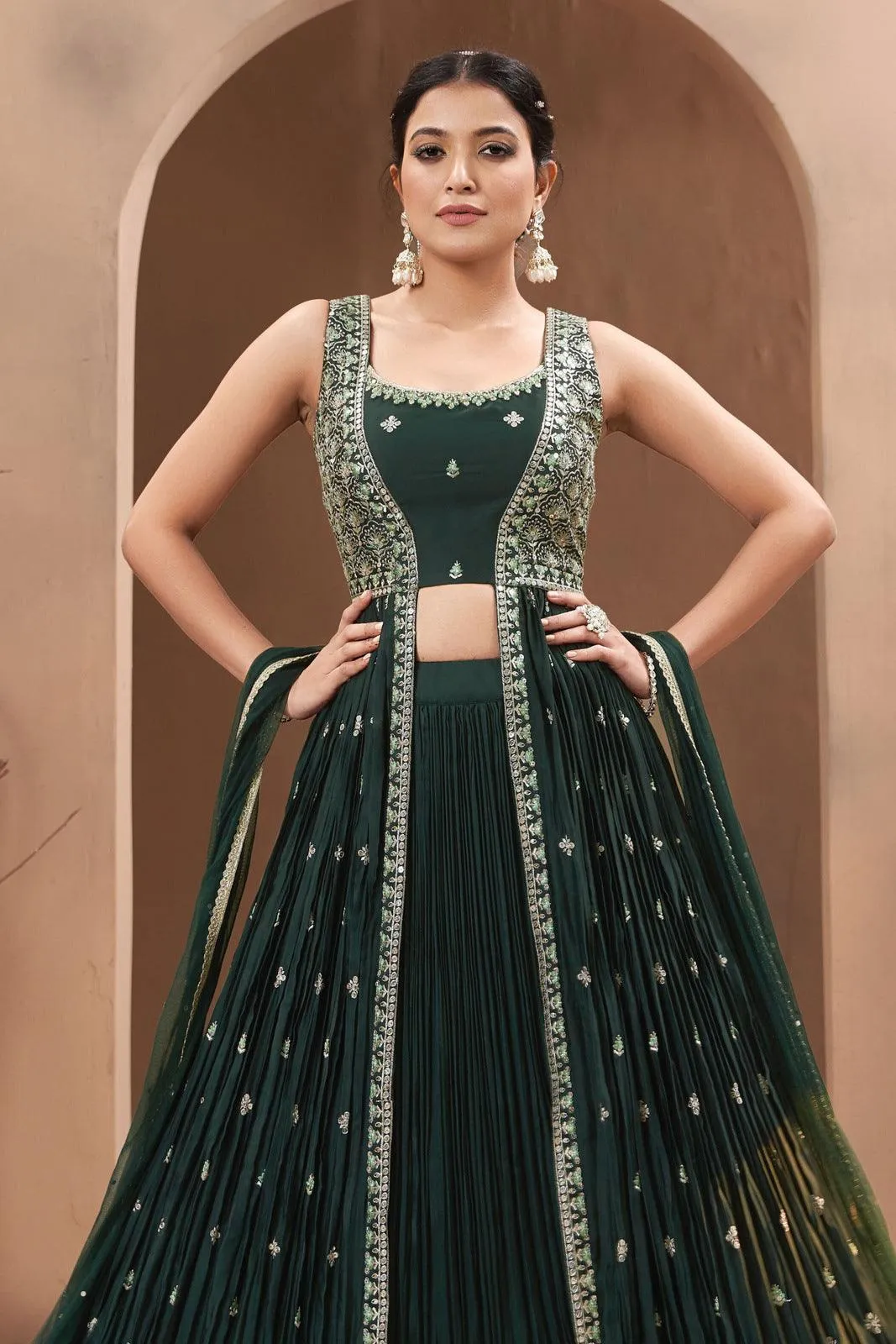 Bottle Green Zari, Thread and Sequins work Long Top Lehenga