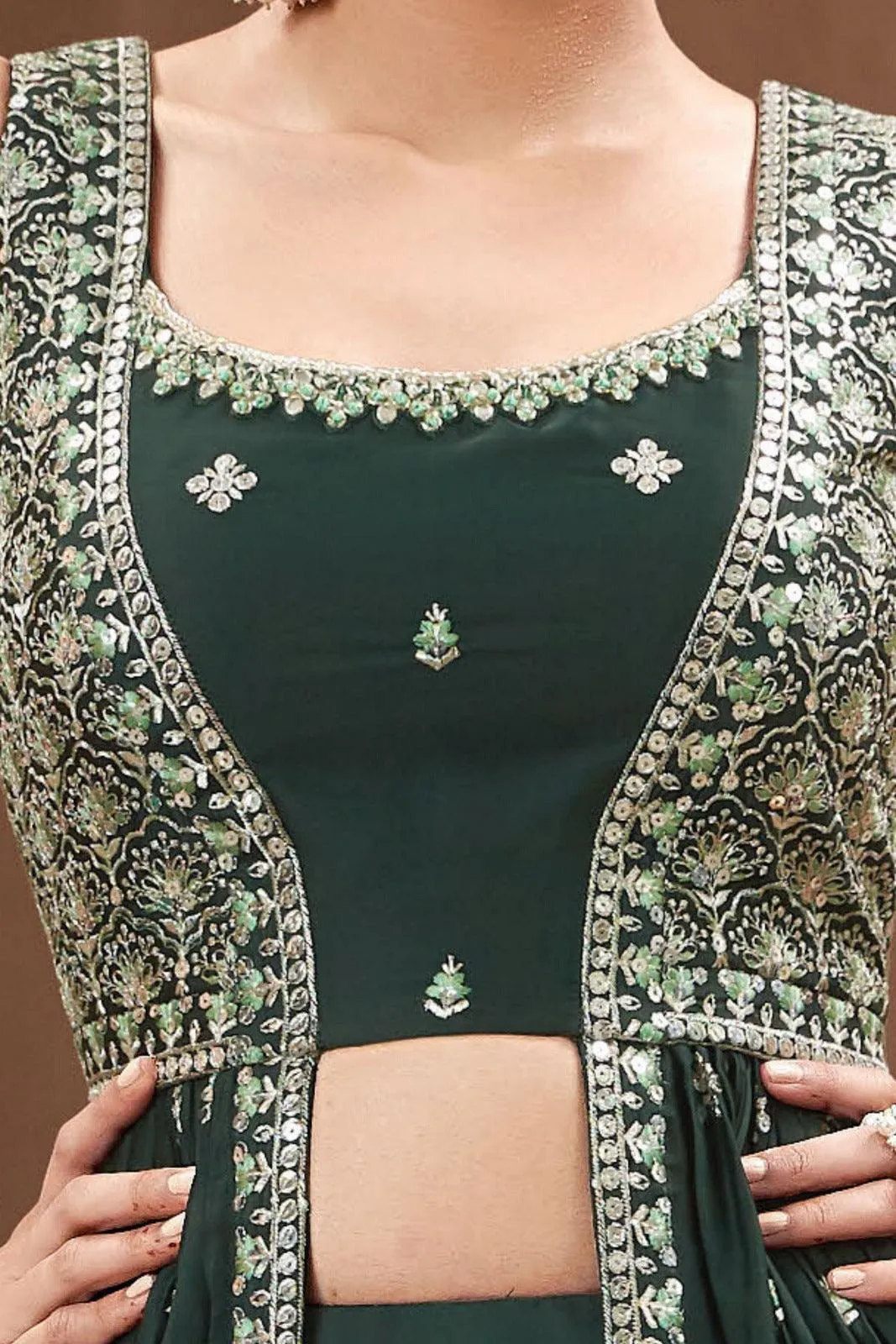 Bottle Green Zari, Thread and Sequins work Long Top Lehenga