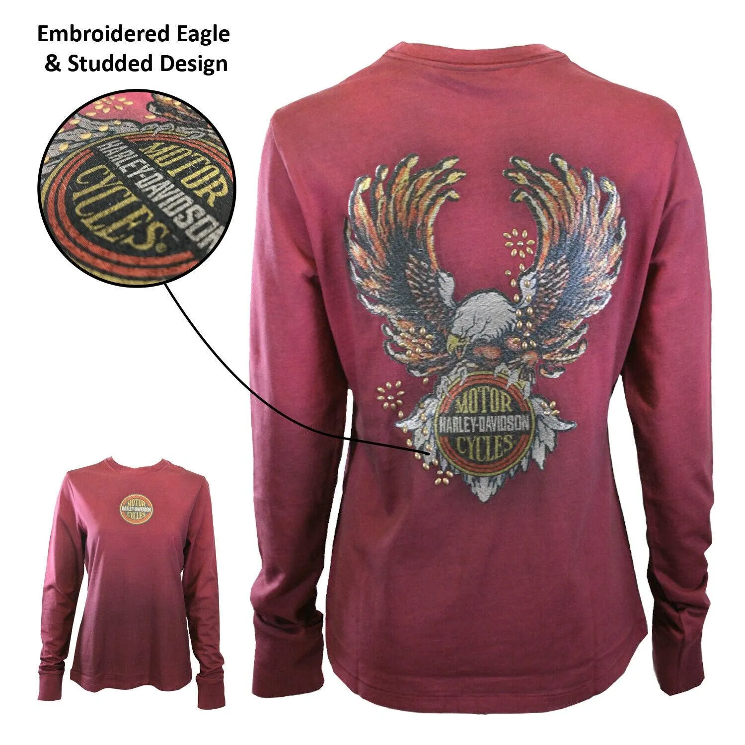 Branded Women's T-Shirt Burgundy Studded Eagle Long Sleeve Tee (S41)