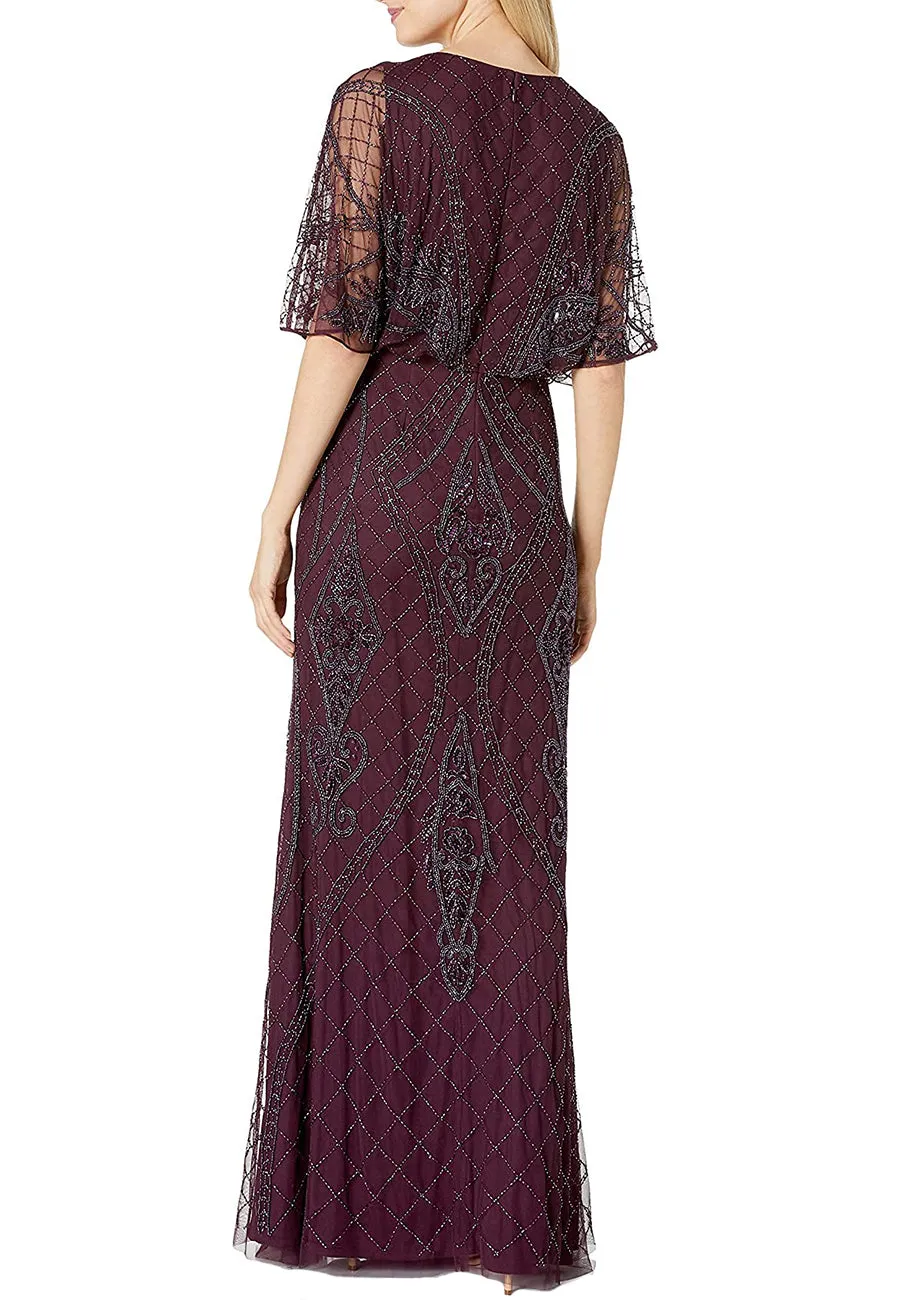 Burgundy Flutter Sleeves Beaded Blouson Gown