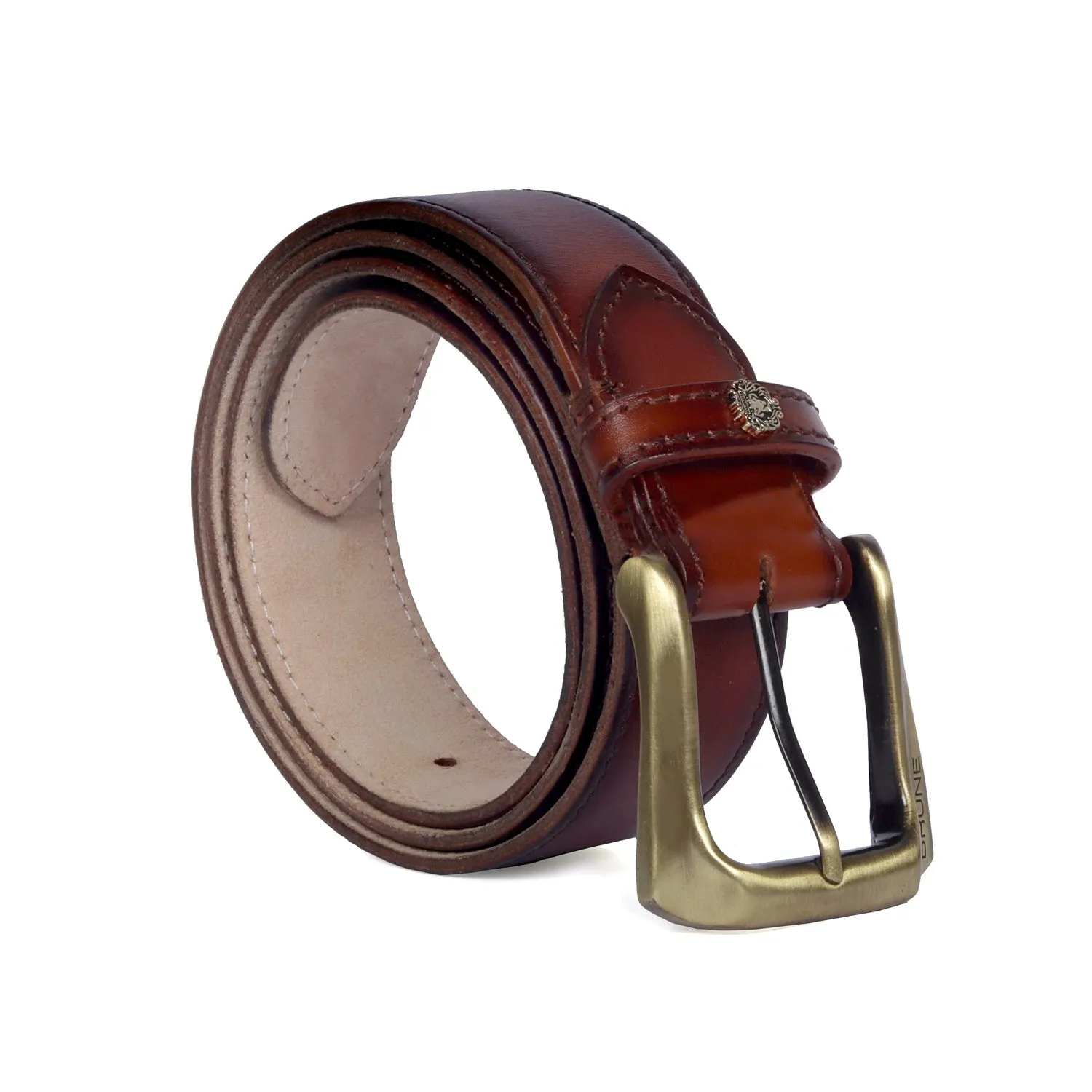 Burnished Tan Leather Belt With Smokey Gold New Slant Shape Buckle By Brune & Bareskin