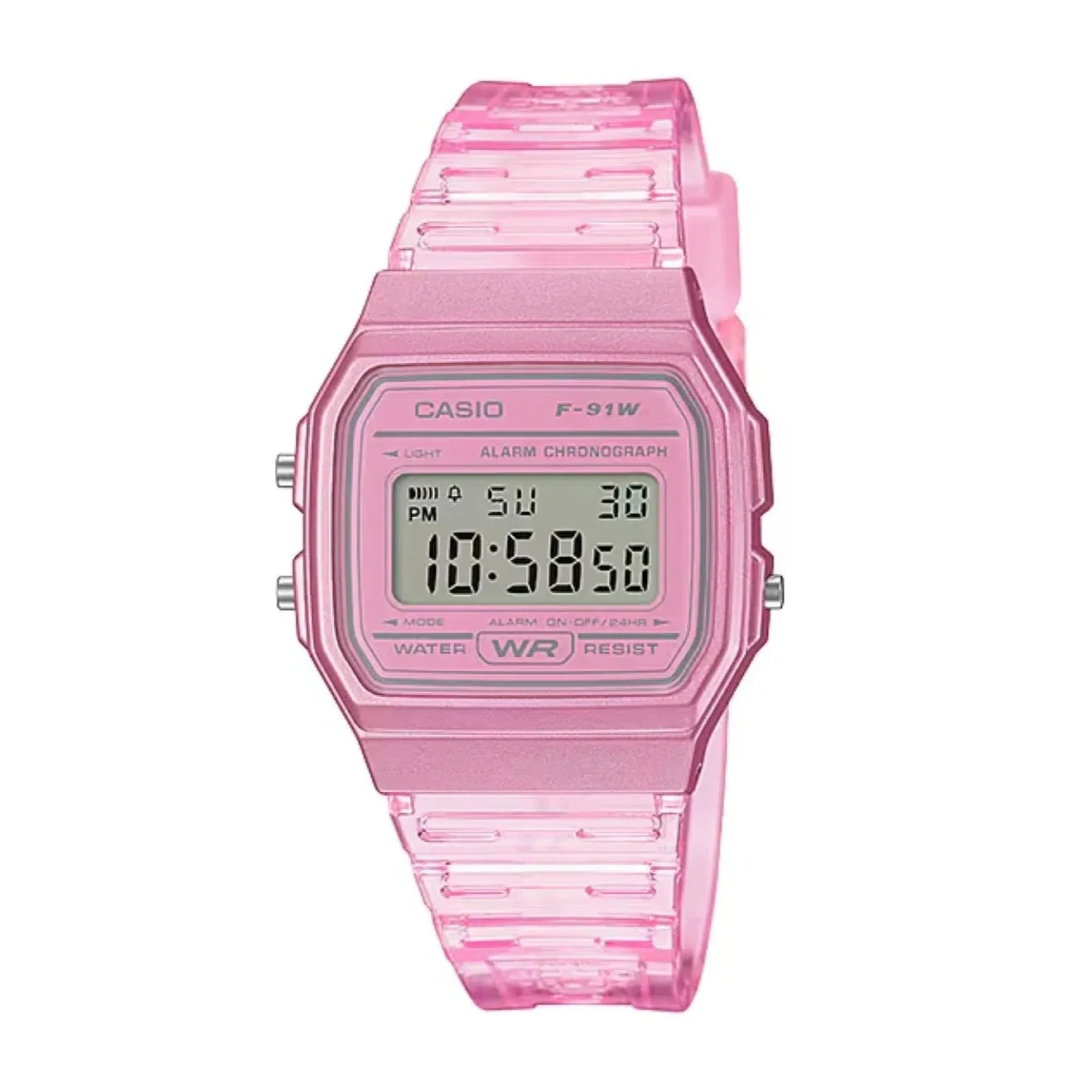 Casio Vintage Digital Transparent Pink Resin Strap Ladies Watch | F-91WS-4DF