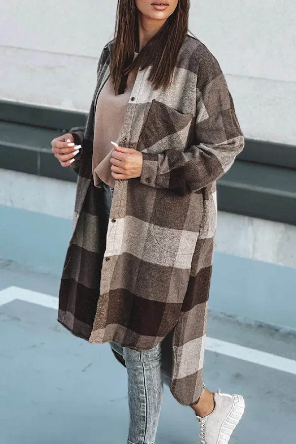 Casual Plaid Pocket Buckle Turndown Collar Outerwear