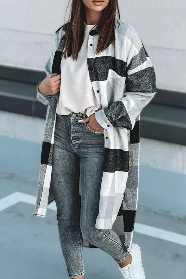 Casual Plaid Pocket Buckle Turndown Collar Outerwear