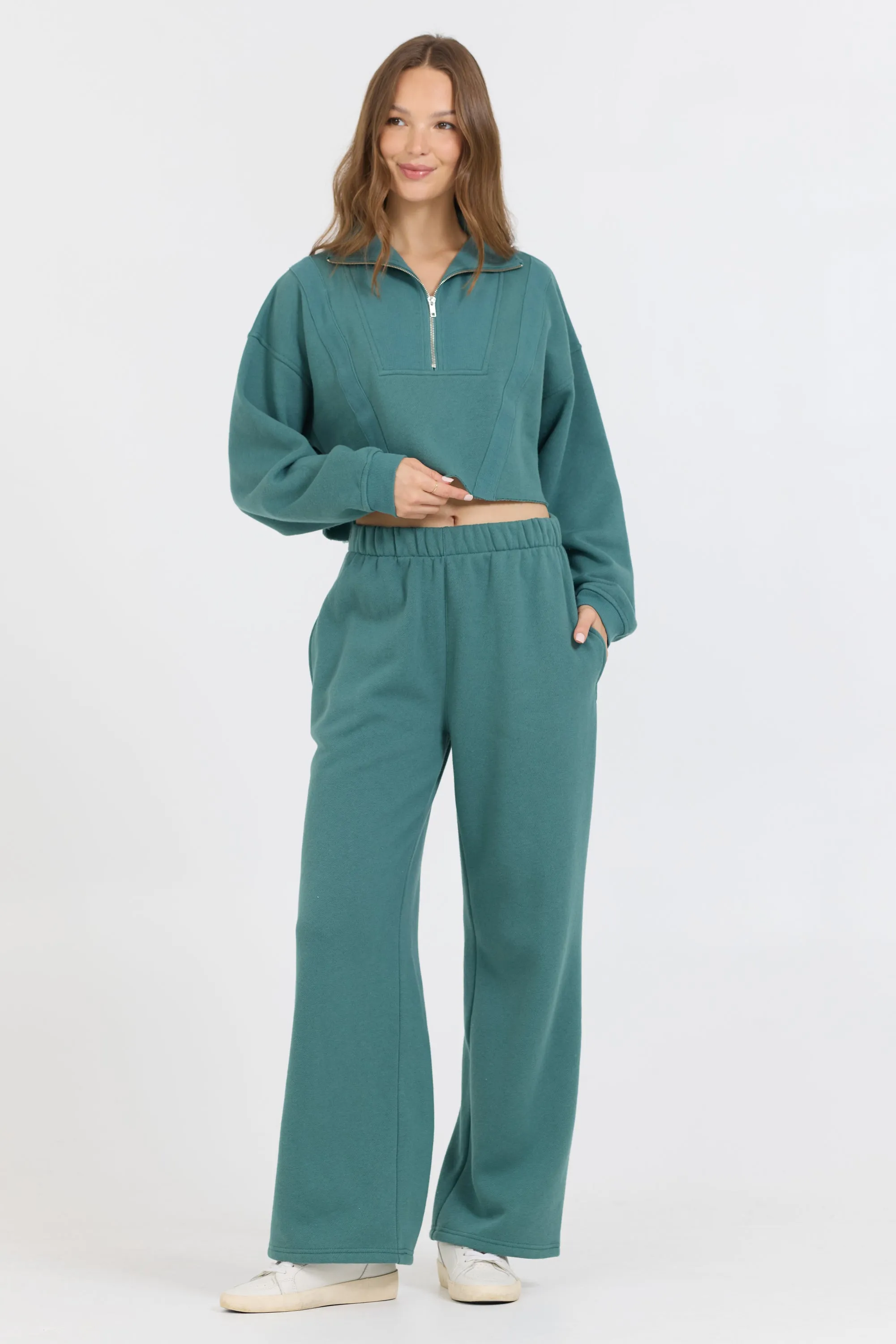 College Green Cotton Blend Fleece Wide Leg Pant