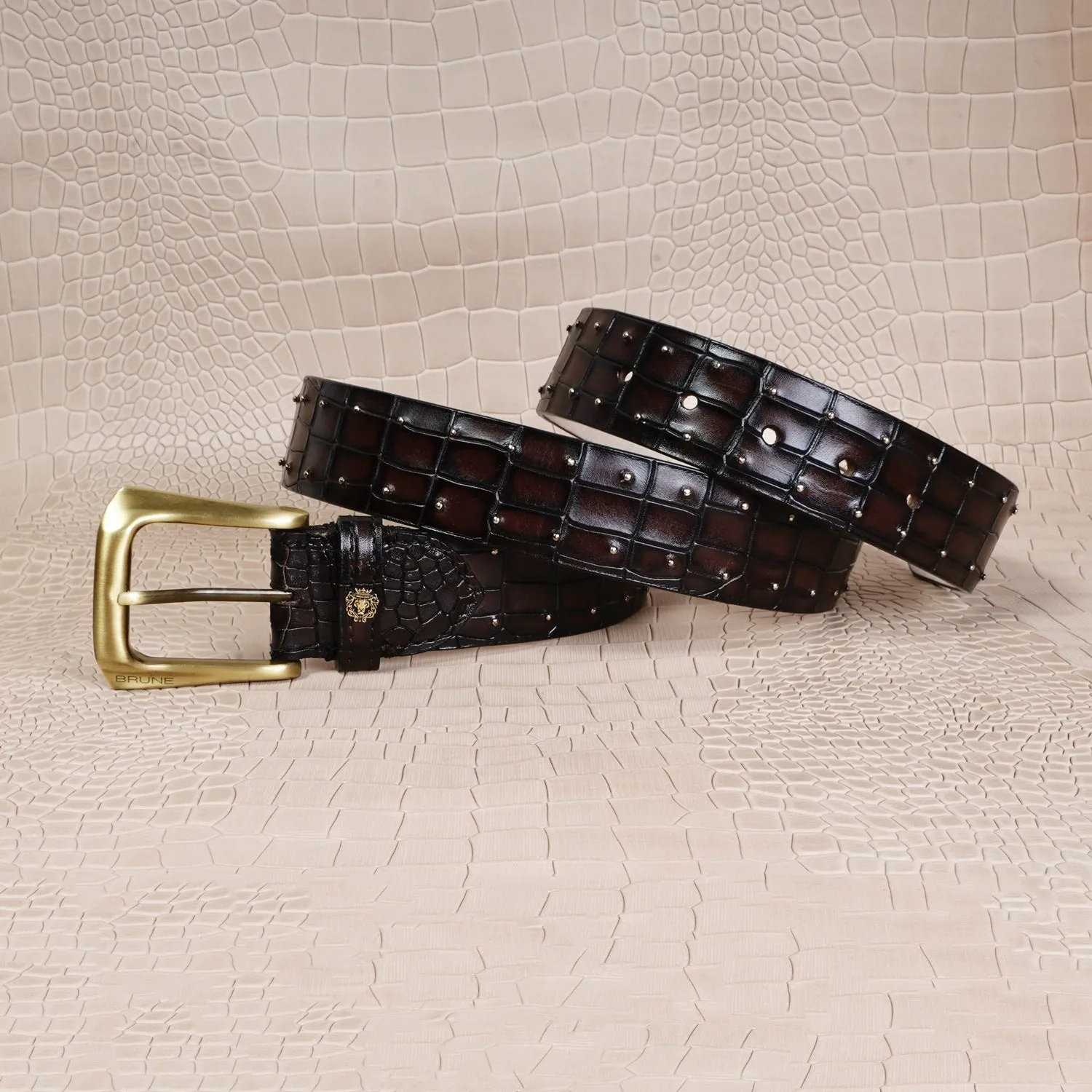 Croco Textured Dark Brown Belt with Pint-Sized Stud Detailing