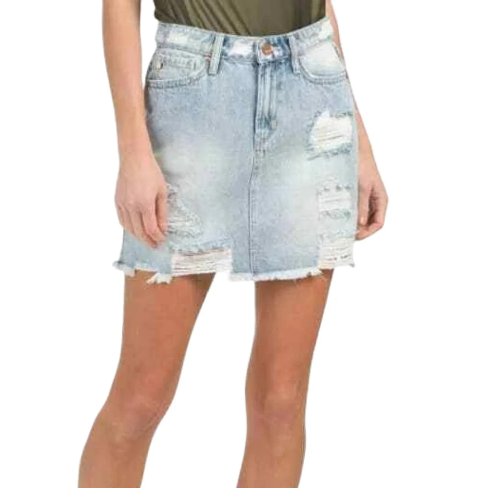 DEAR JOHN Women's Kaylee High Rise Frayed Hem Jean Destructed Denim Mini Skirt