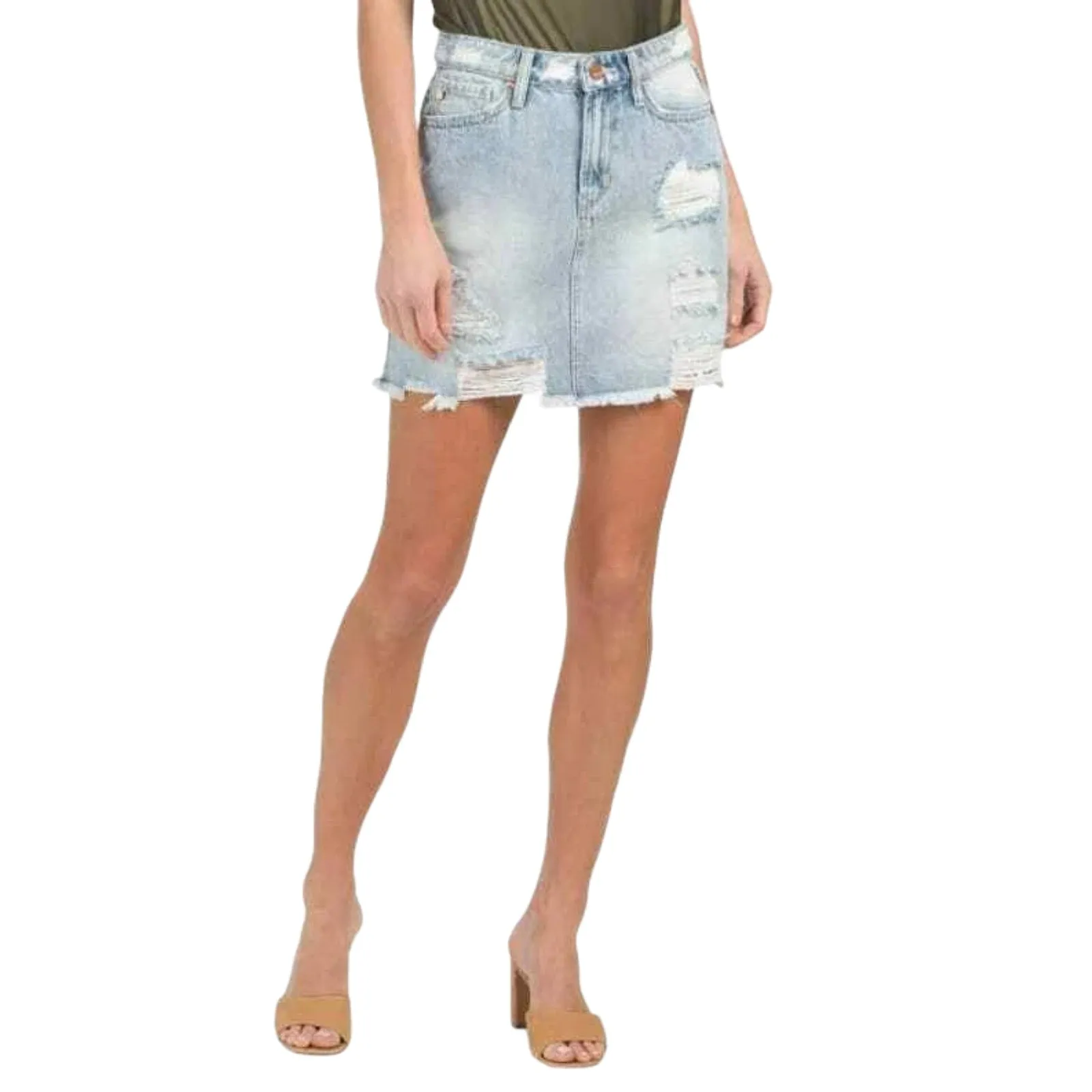 DEAR JOHN Women's Kaylee High Rise Frayed Hem Jean Destructed Denim Mini Skirt