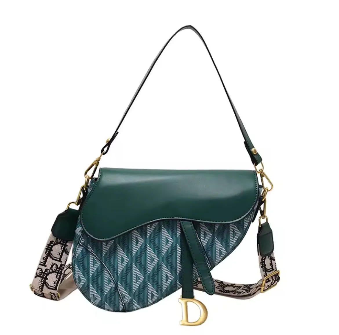 Dior Retro Saddle Bag For Women Oblique Printed Paired with Shoulder Strap (Green)