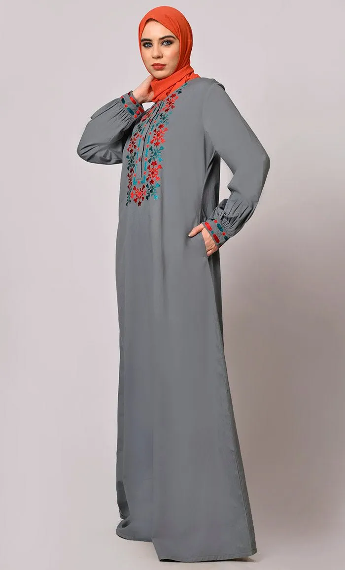 Embroidered Opulence: Grey Abaya with Practical Pockets