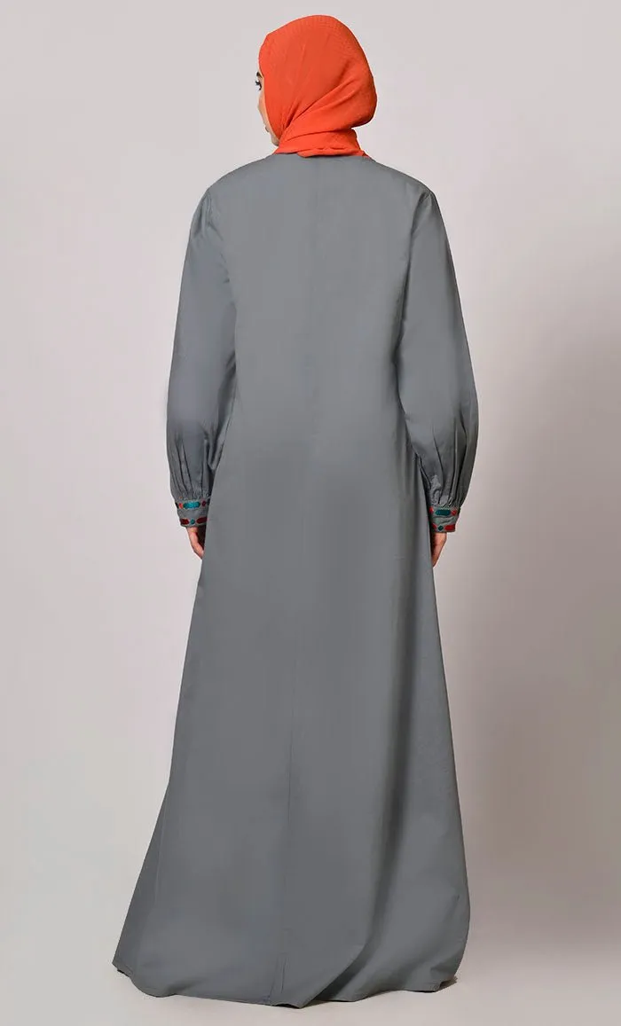 Embroidered Opulence: Grey Abaya with Practical Pockets