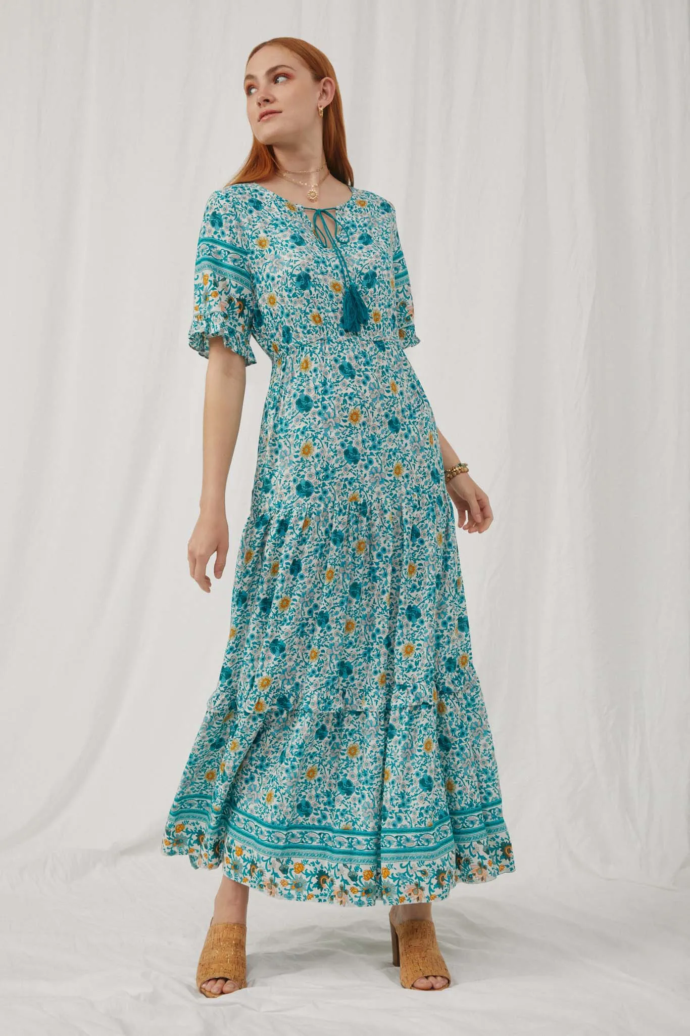 Floral Bell Sleeve Tassel Maxi Dress