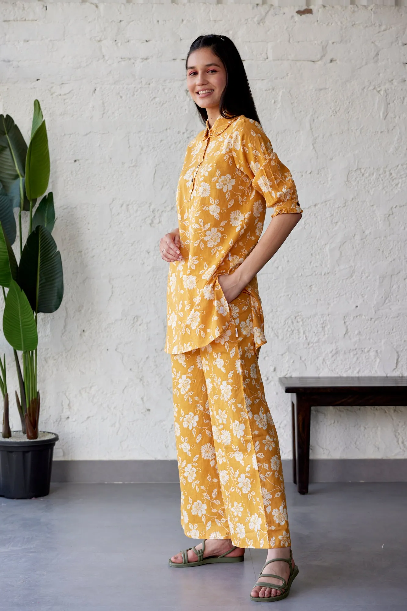 Floral Jaal on Mustard Pallazo Co-ord Set