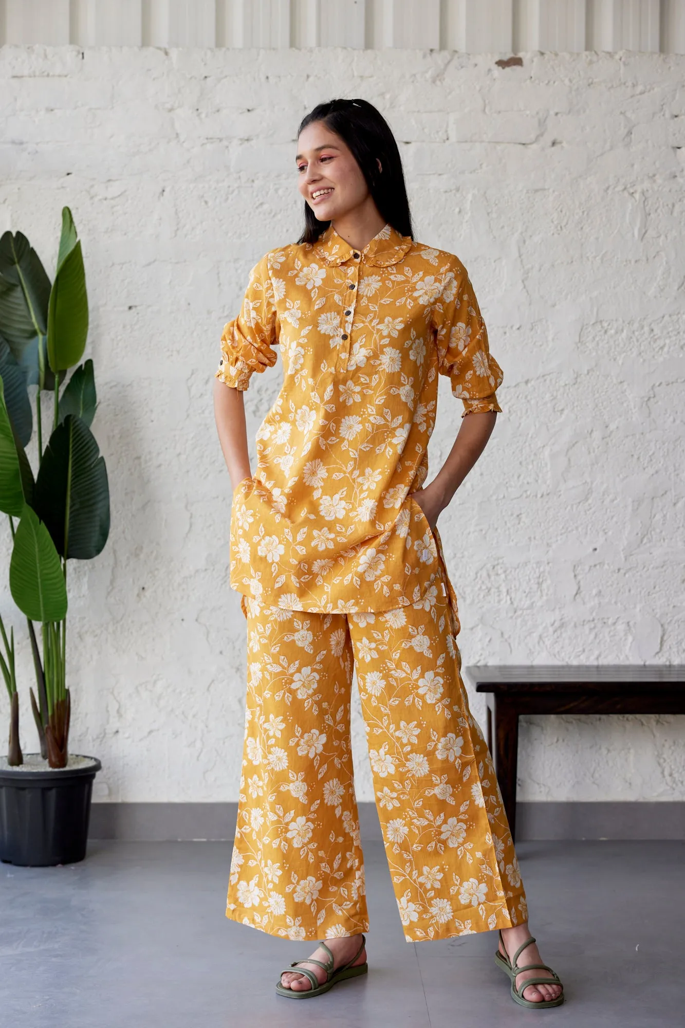 Floral Jaal on Mustard Pallazo Co-ord Set