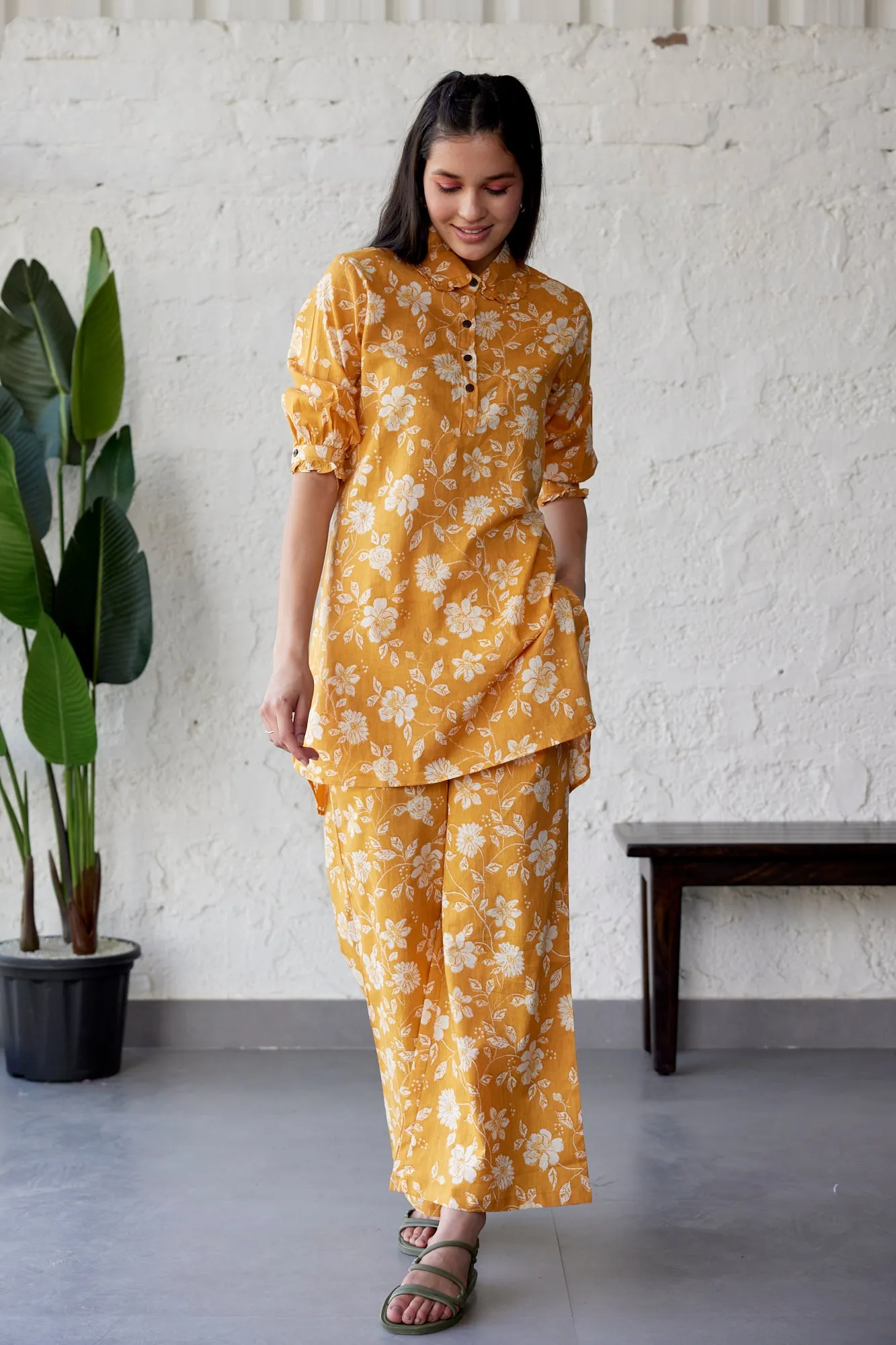 Floral Jaal on Mustard Pallazo Co-ord Set