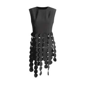 Flowy Circle Fringe Lacer Cutout Crew Neck Fitted Sleeveless Crepe Top