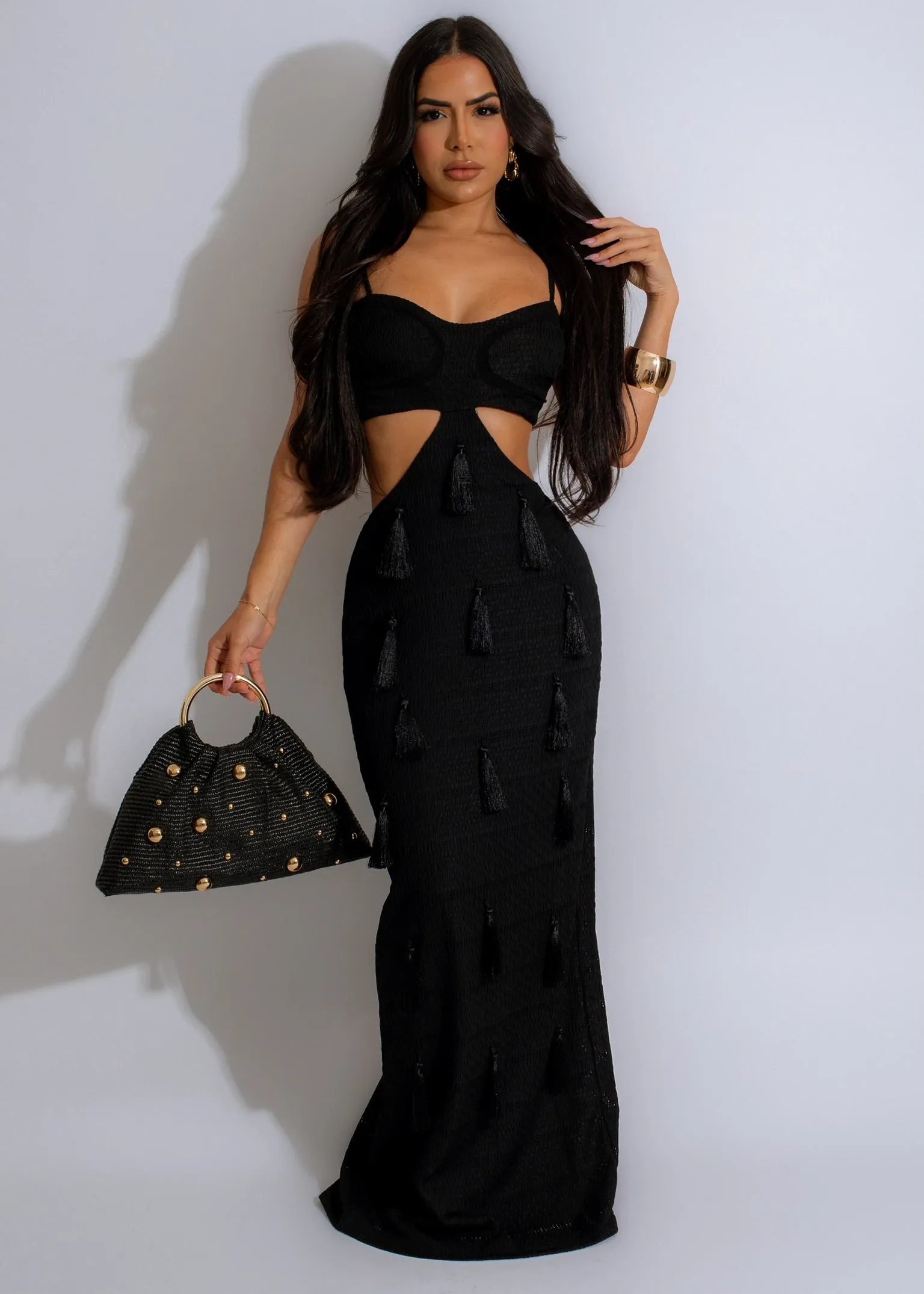 Goddess Mentality Fringe Maxi Dress Black