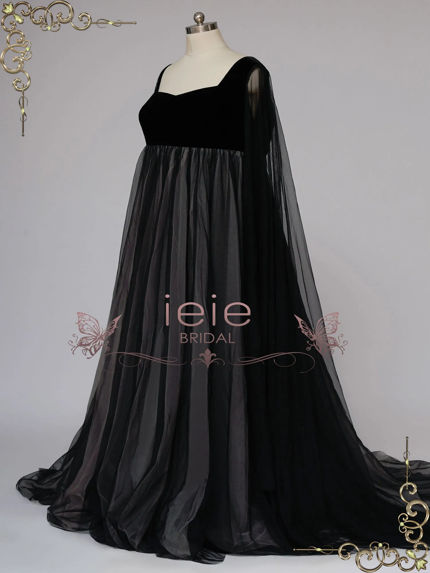 Gothic Black Wedding Dress with Long Tulle Sleeves SAMARA