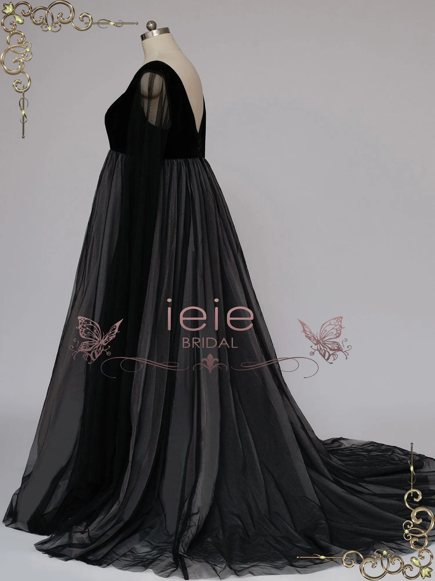 Gothic Black Wedding Dress with Long Tulle Sleeves SAMARA