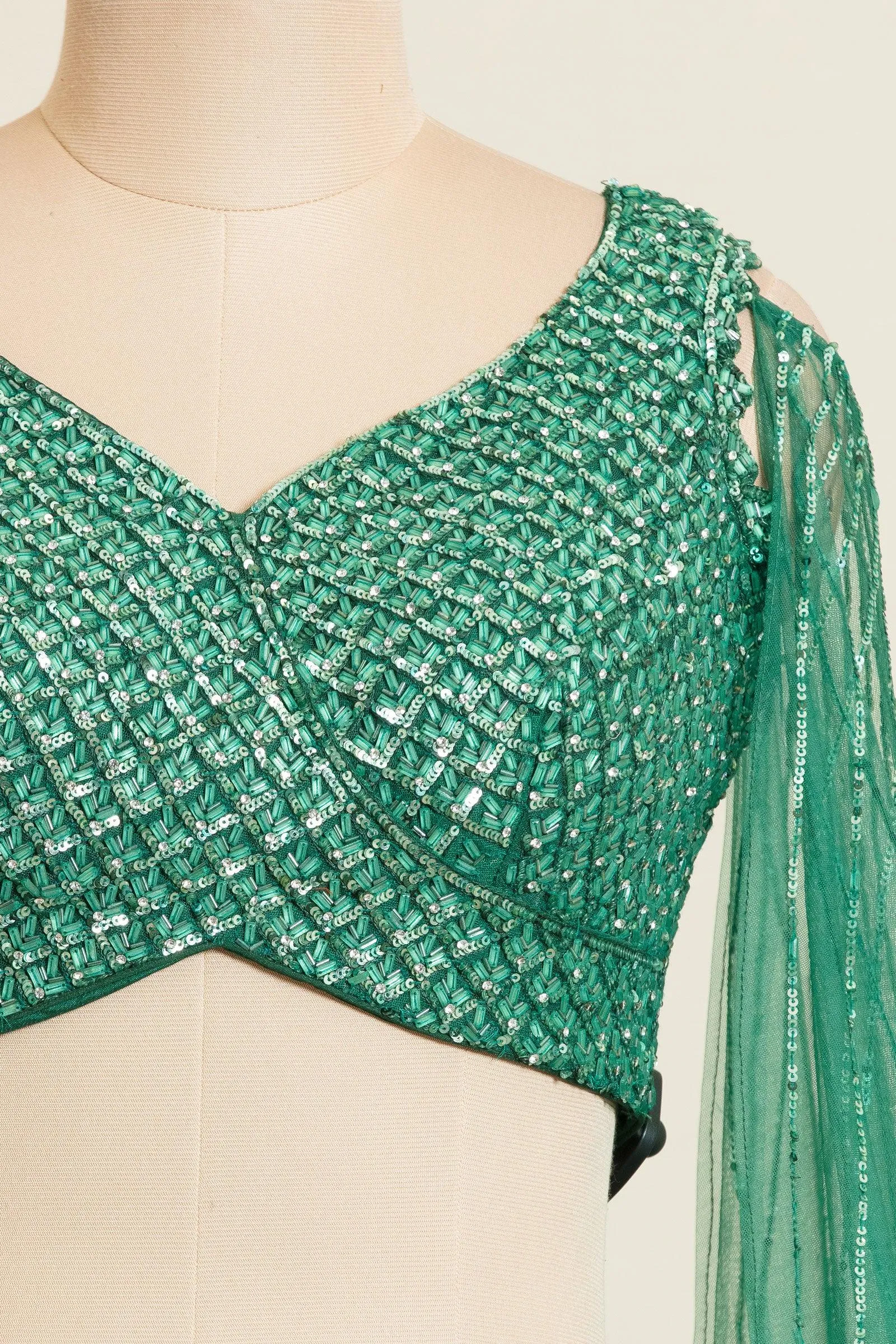 Green Beads, Sequins, Stone and Thread work Crop Top Lehenga