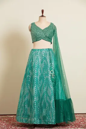 Green Beads, Sequins, Stone and Thread work Crop Top Lehenga