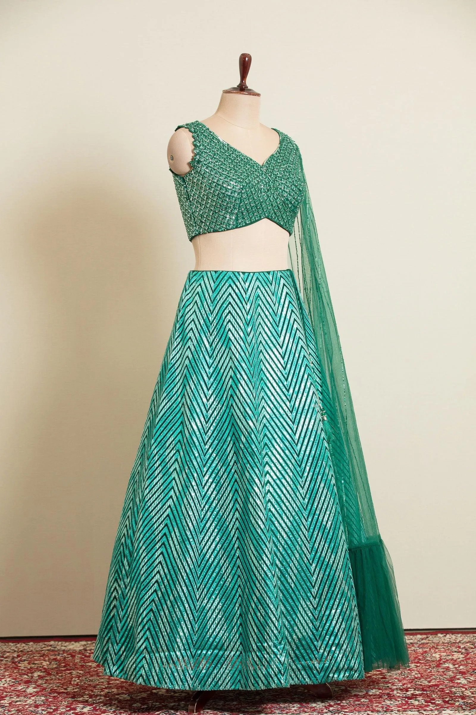 Green Beads, Sequins, Stone and Thread work Crop Top Lehenga