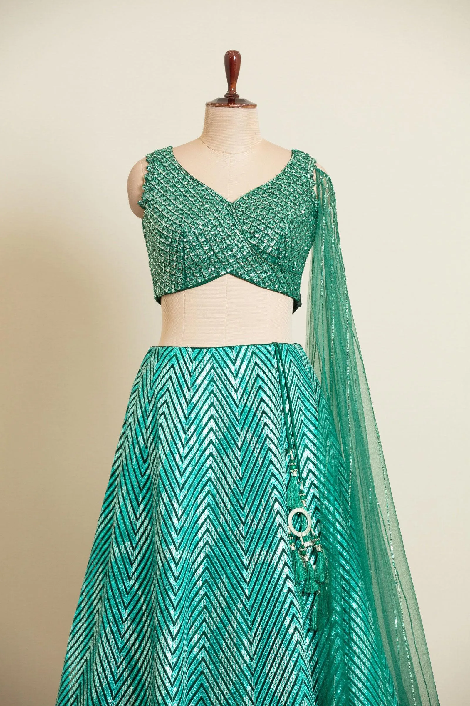 Green Beads, Sequins, Stone and Thread work Crop Top Lehenga