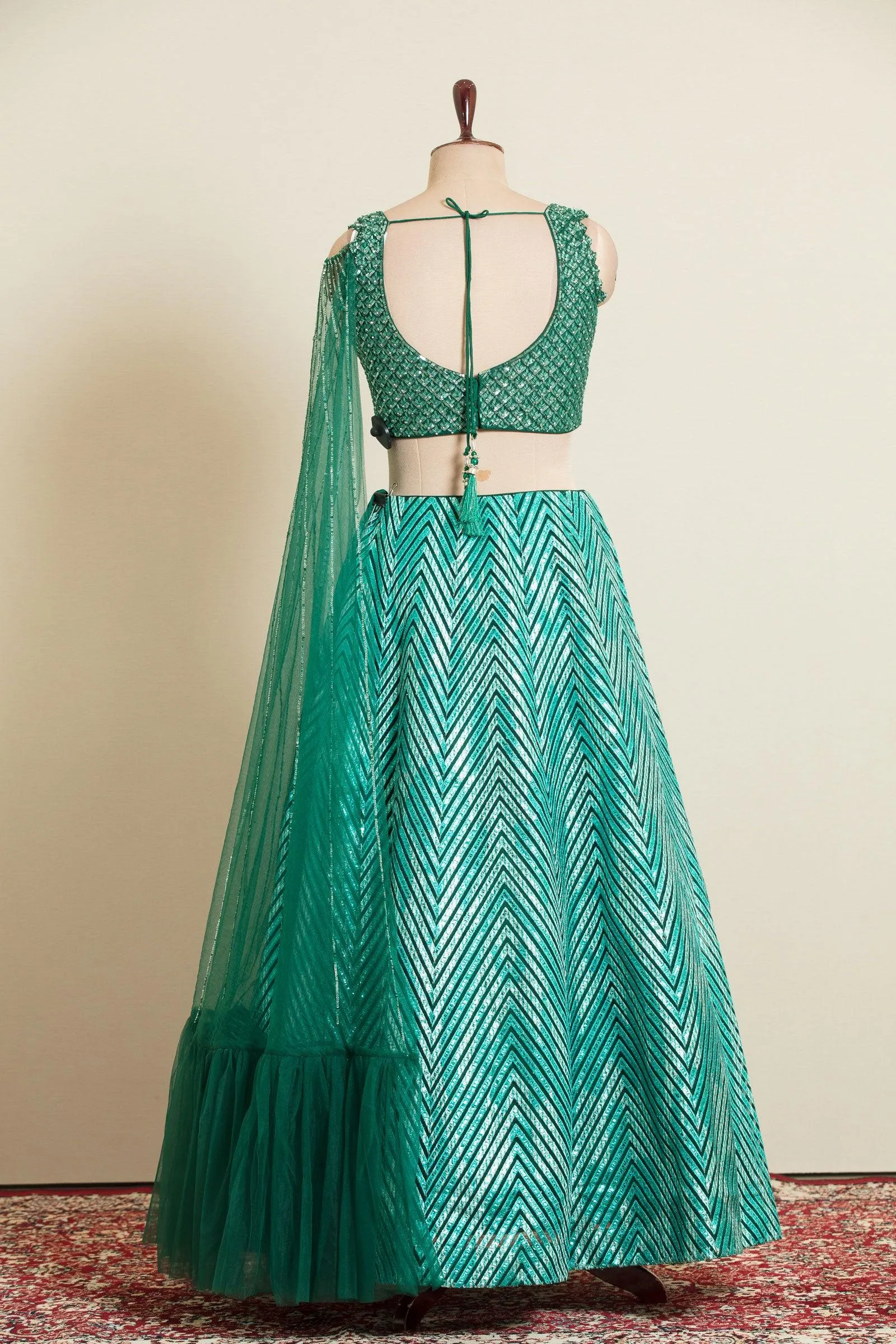 Green Beads, Sequins, Stone and Thread work Crop Top Lehenga