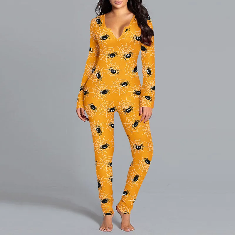 Halloween Printed Jumpsuit, Long Sleeve Home Pajamas