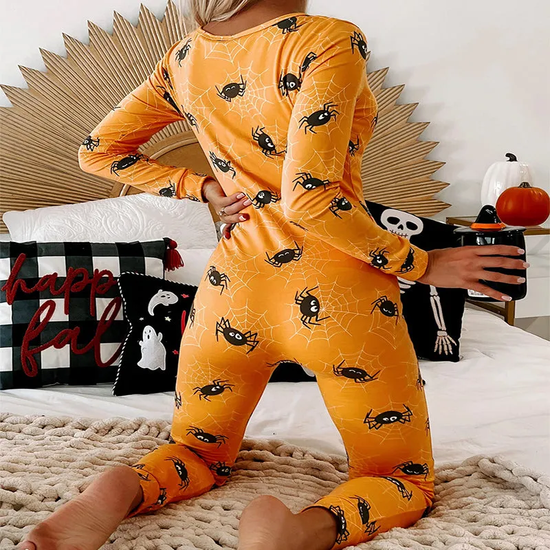 Halloween Printed Jumpsuit, Long Sleeve Home Pajamas