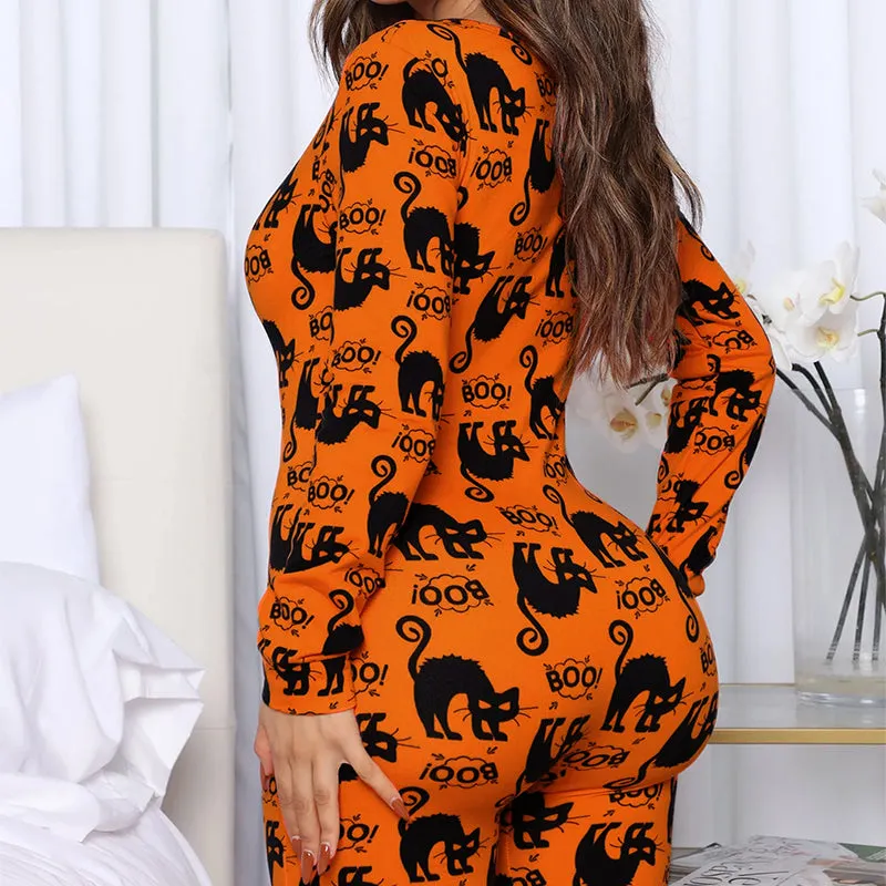 Halloween Printed Jumpsuit, Long Sleeve Home Pajamas