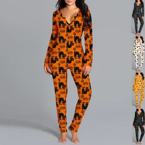 Halloween Printed Jumpsuit, Long Sleeve Home Pajamas