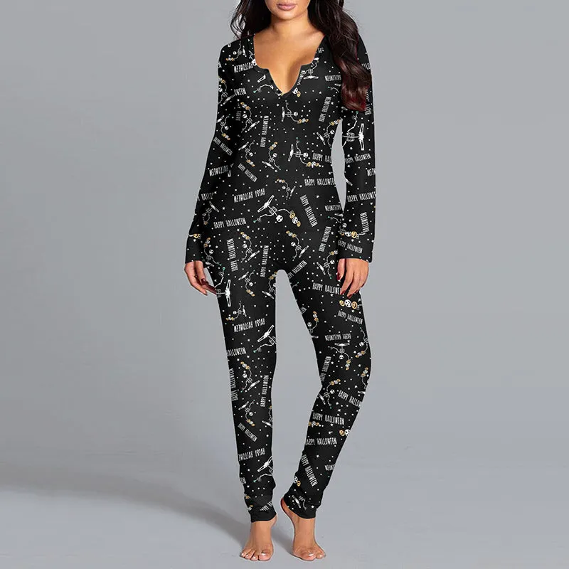 Halloween Printed Jumpsuit, Long Sleeve Home Pajamas