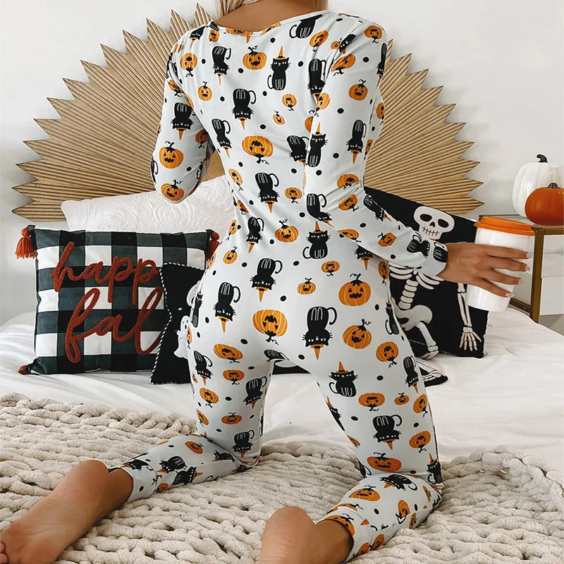 Halloween Printed Jumpsuit, Long Sleeve Home Pajamas