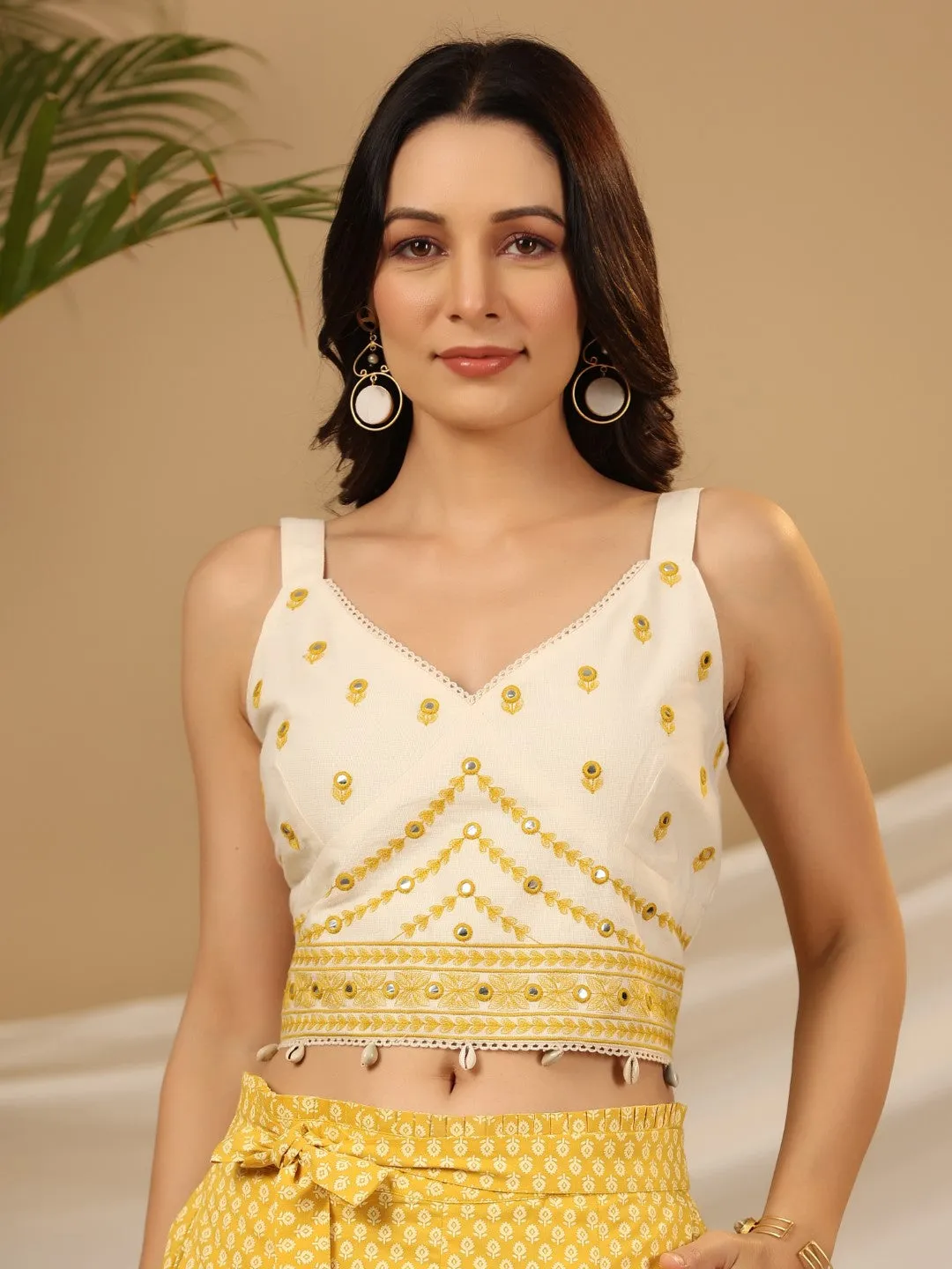 Juniper Mustard Ethnic Motif Printed Cotton Flex Crop top & Palazzos with Mirror Work Embroidery