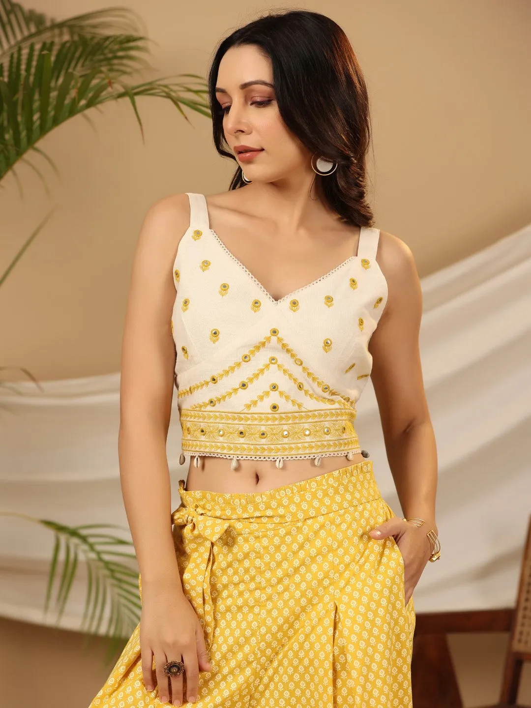 Juniper Mustard Ethnic Motif Printed Cotton Flex Crop top & Palazzos with Mirror Work Embroidery