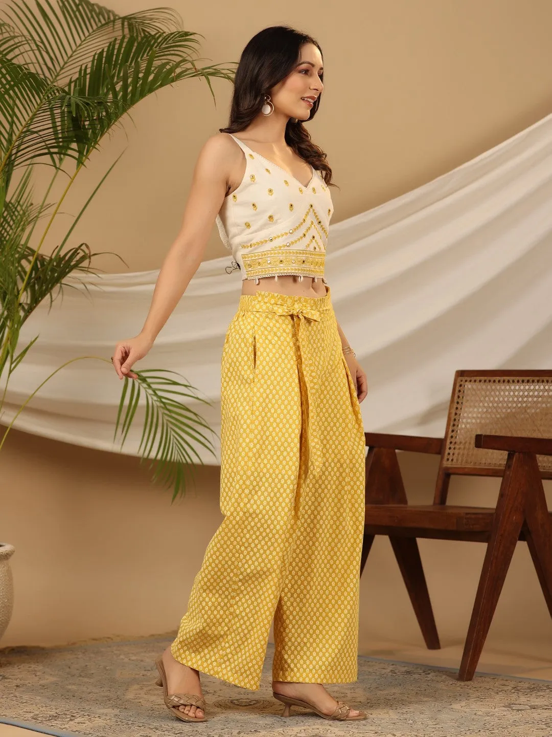 Juniper Mustard Ethnic Motif Printed Cotton Flex Crop top & Palazzos with Mirror Work Embroidery