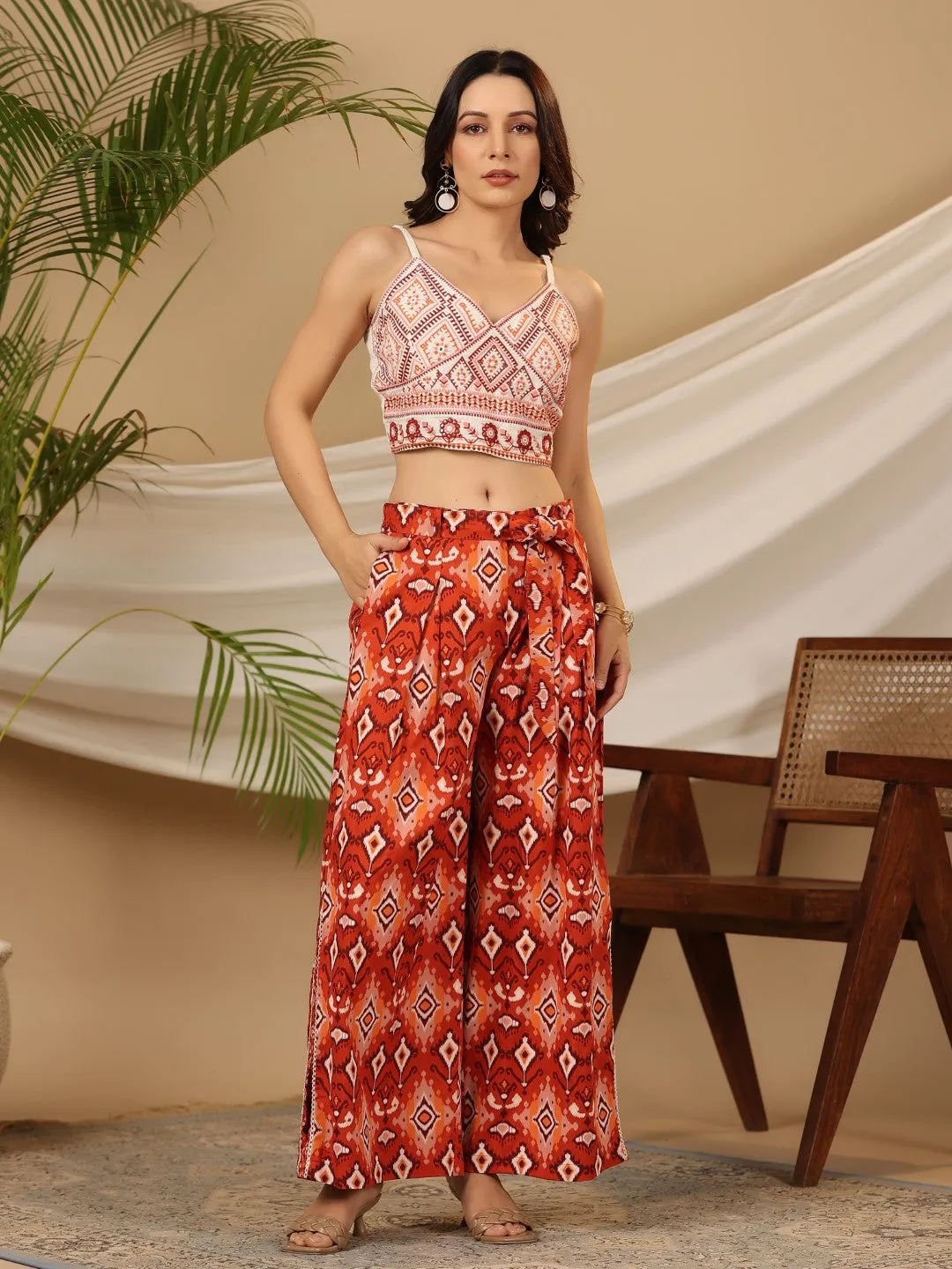 Juniper Rust Ikat Printed Rayon Crop Top Palazzos & Jacket with Thread Work