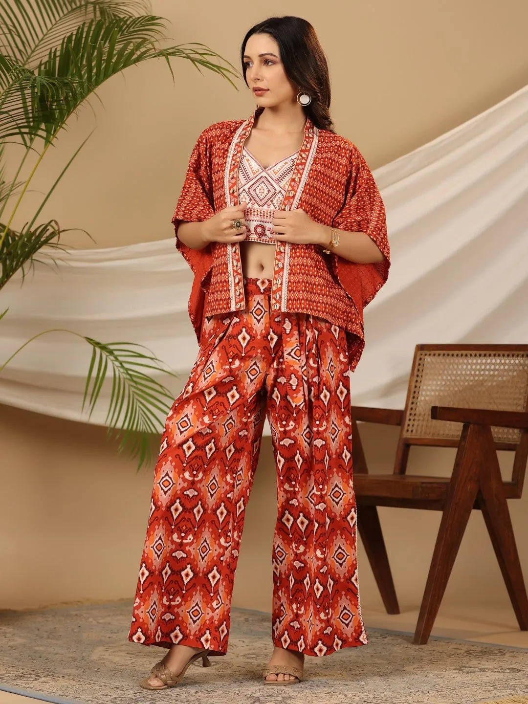 Juniper Rust Ikat Printed Rayon Crop Top Palazzos & Jacket with Thread Work