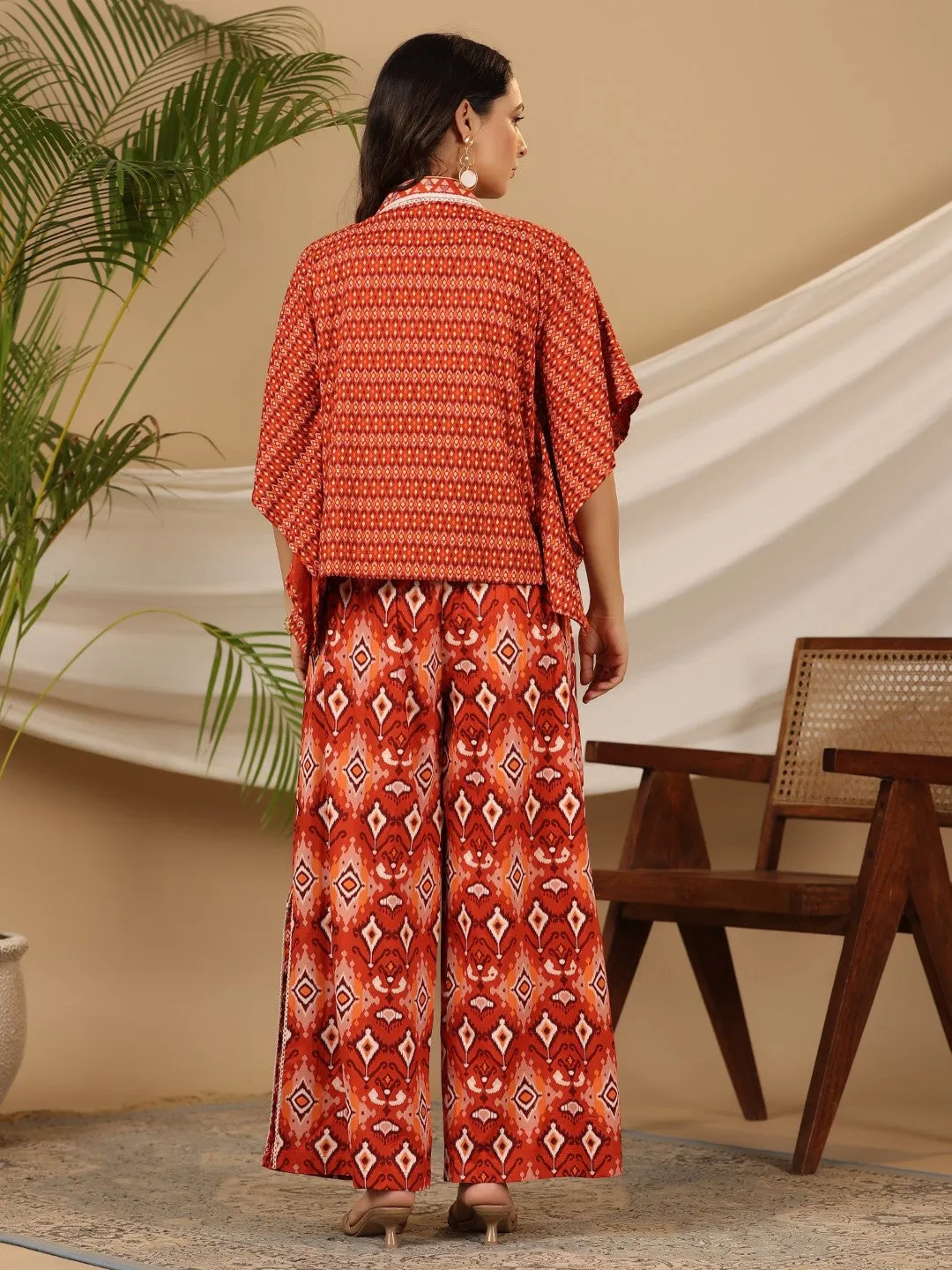 Juniper Rust Ikat Printed Rayon Crop Top Palazzos & Jacket with Thread Work