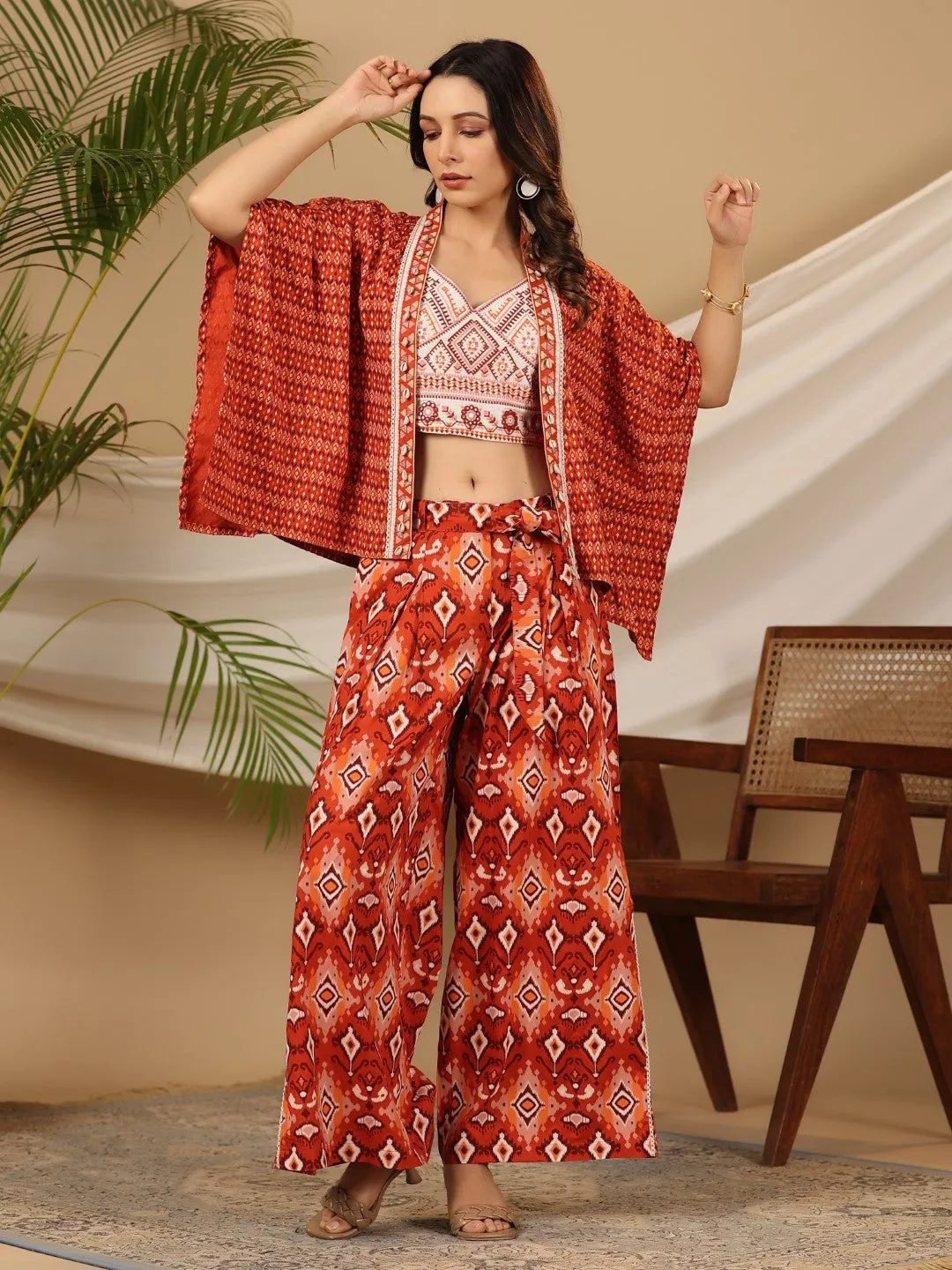 Juniper Rust Ikat Printed Rayon Crop Top Palazzos & Jacket with Thread Work